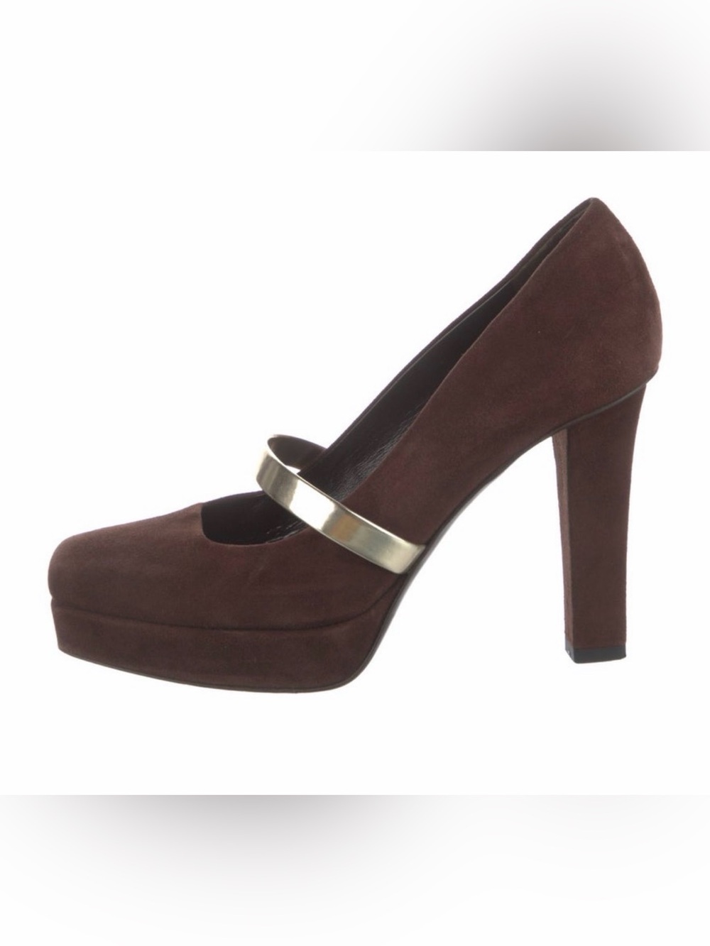Gucci Suede Platform Mary Jane High Heel Pump in Dark Brown with Gold Strap